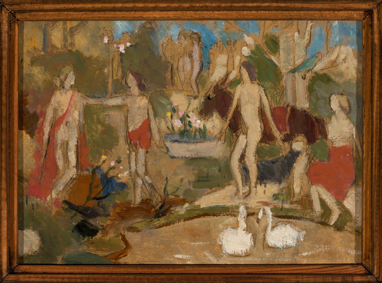 Escena en un jardín con personajes y cisnes de Tadeusz Makowski