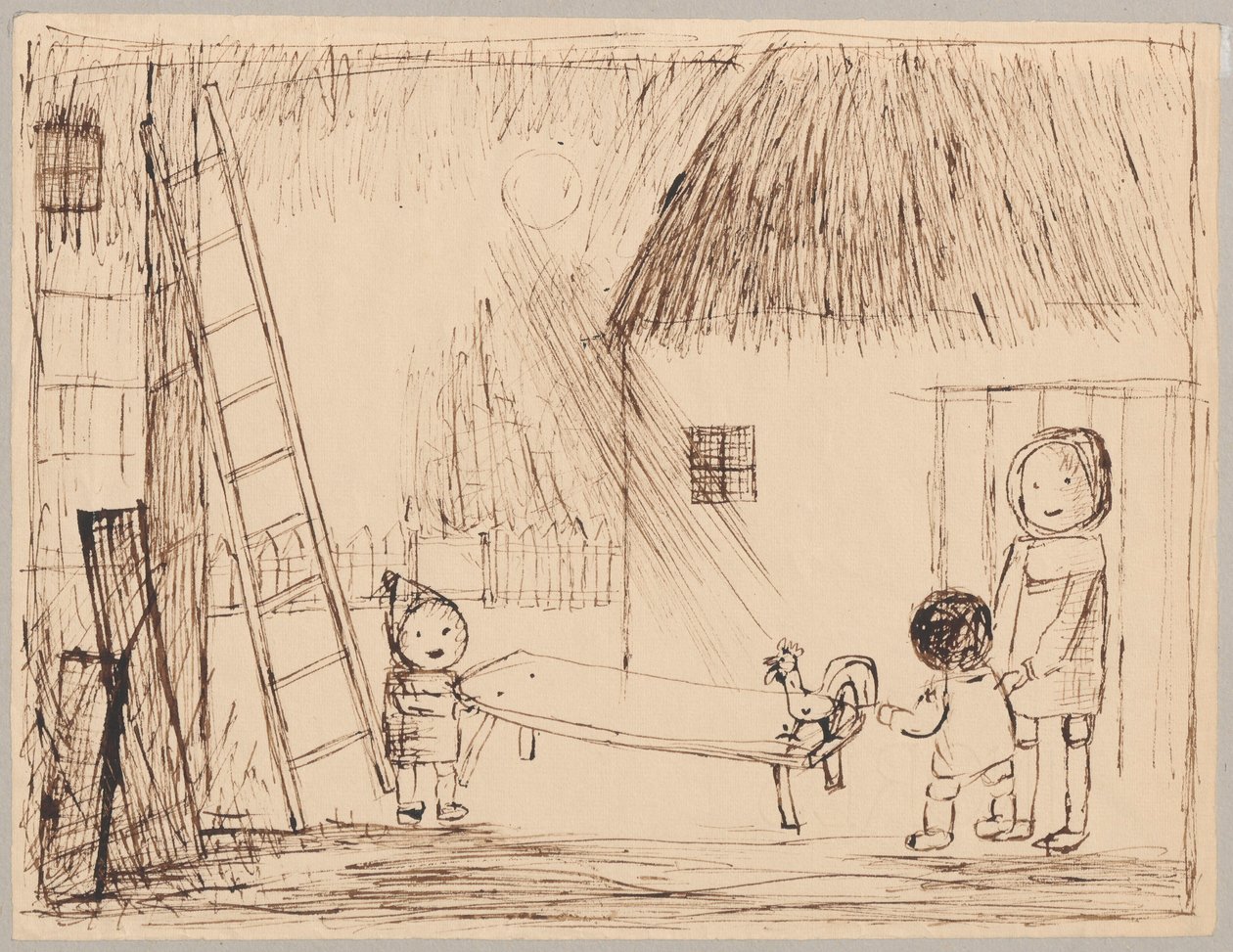 Tres niños con un gallo en el patio de Tadeusz Makowski