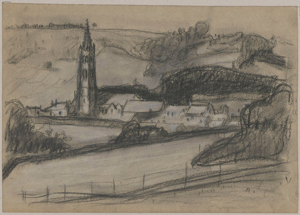 Vista del pueblecito con la torre de la iglesia de Tadeusz Makowski