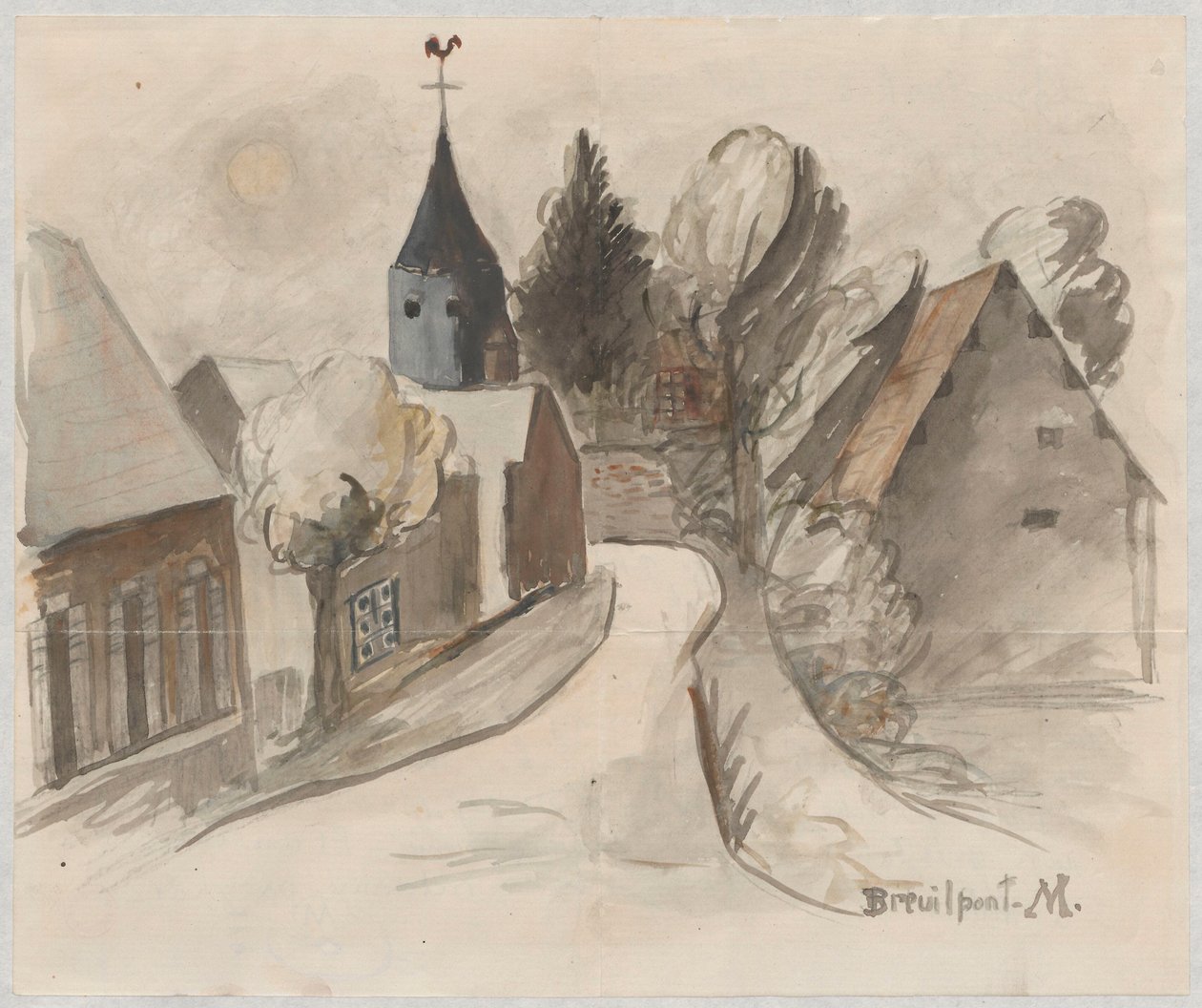 Vista del pueblo con la torre de Tadeusz Makowski