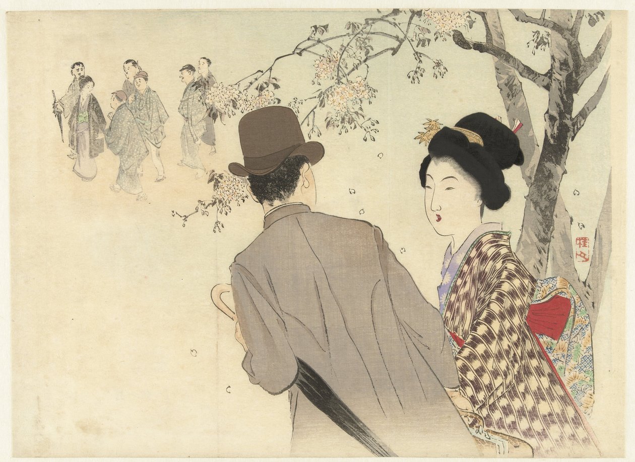 Hombre con bombín y paraguas y señora con kimono de Takeuchi Keishū