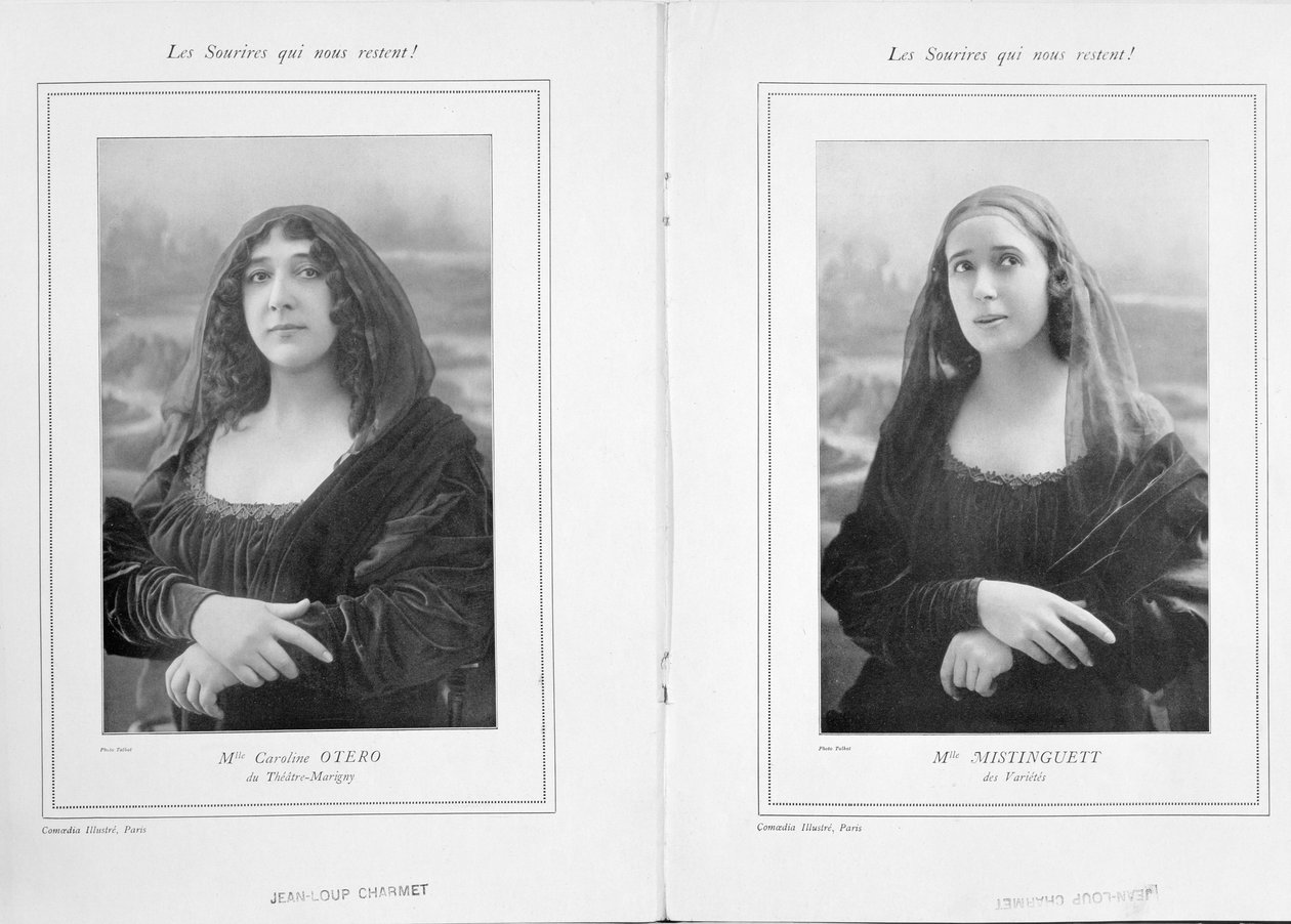 La Belle Otero y Mistinguett como la Mona Lisa, de un artículo Les Sourires qui Nous Restent en Comoedia Illustre, 1911 de Talbot