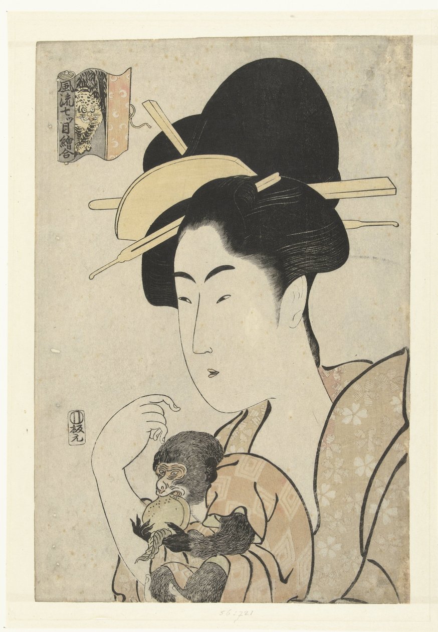 Mujer con mono: mono y tigre Ecuaciones de impresión elegante de siete ojos (título de la serie) Furyu nanatsume e-awase (título de serie en objeto) de Tamagawa Shucho