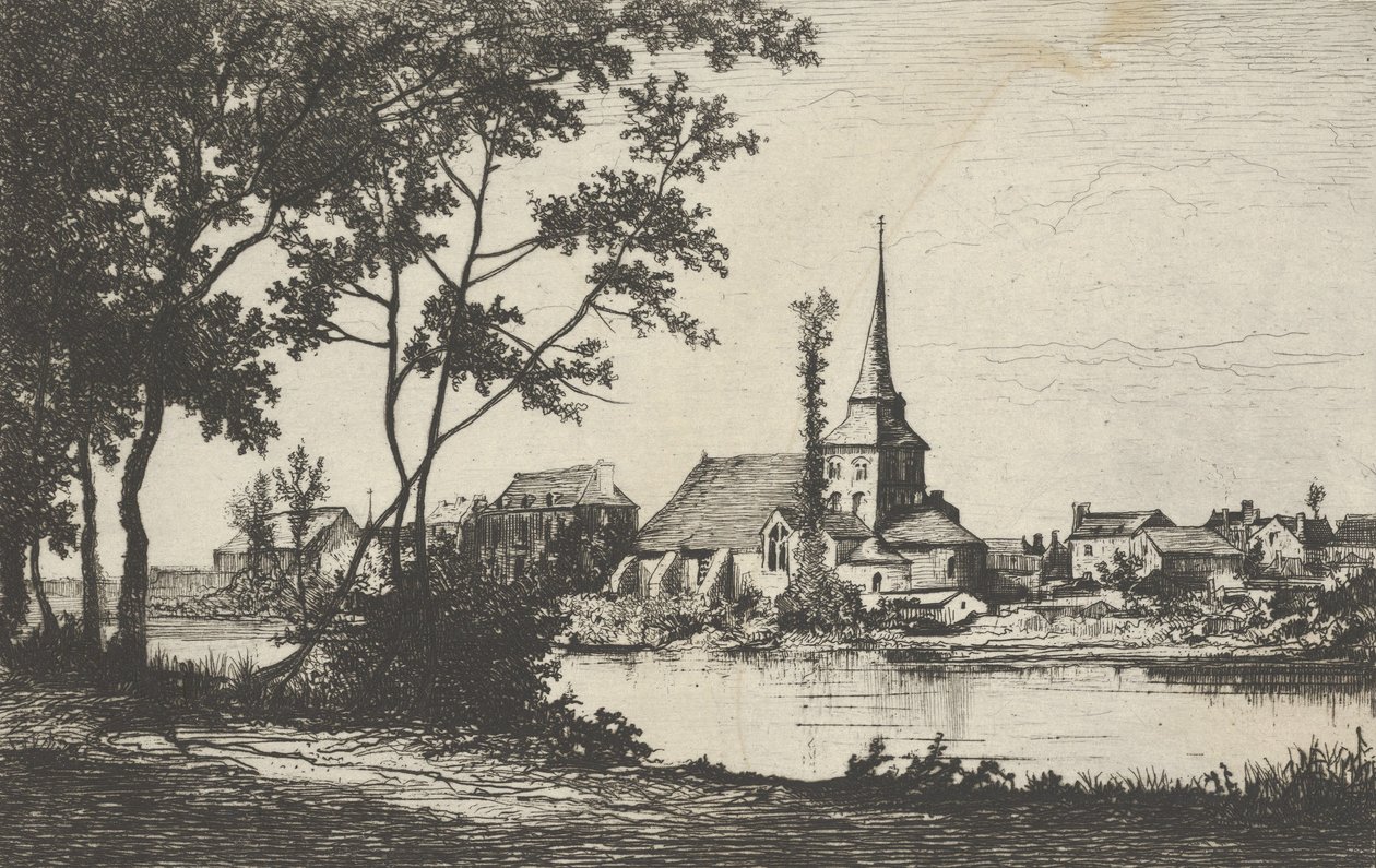 Ciudad con una iglesia al otro lado de un río, siglo XIX de Tancrède Abraham