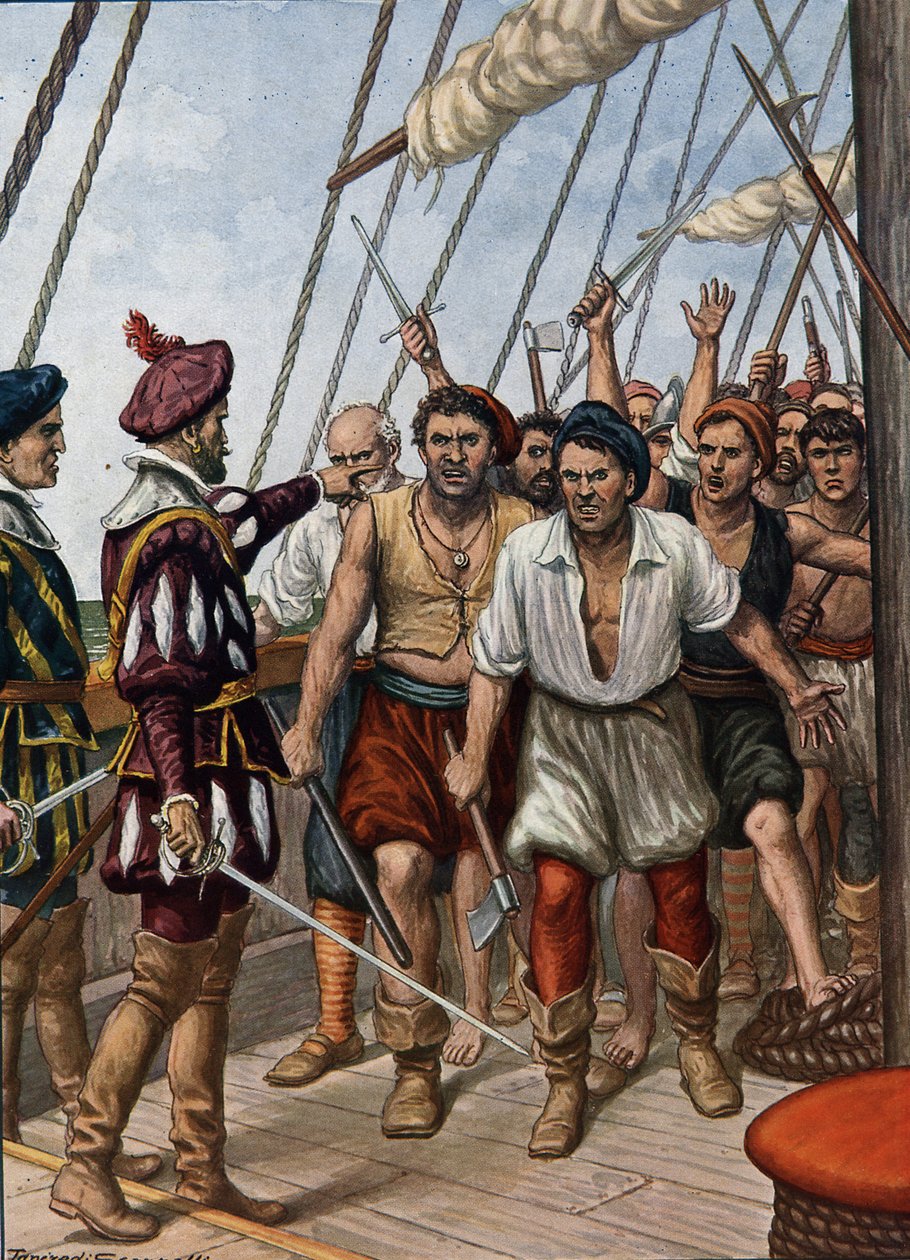 El motín de la tripulación del portugués Flor de La Mar, contra su general, Afonso de Albuquerque en c.1511, ilustración de "Historia de los navegantes", 1936 de Tancredi Scarpelli