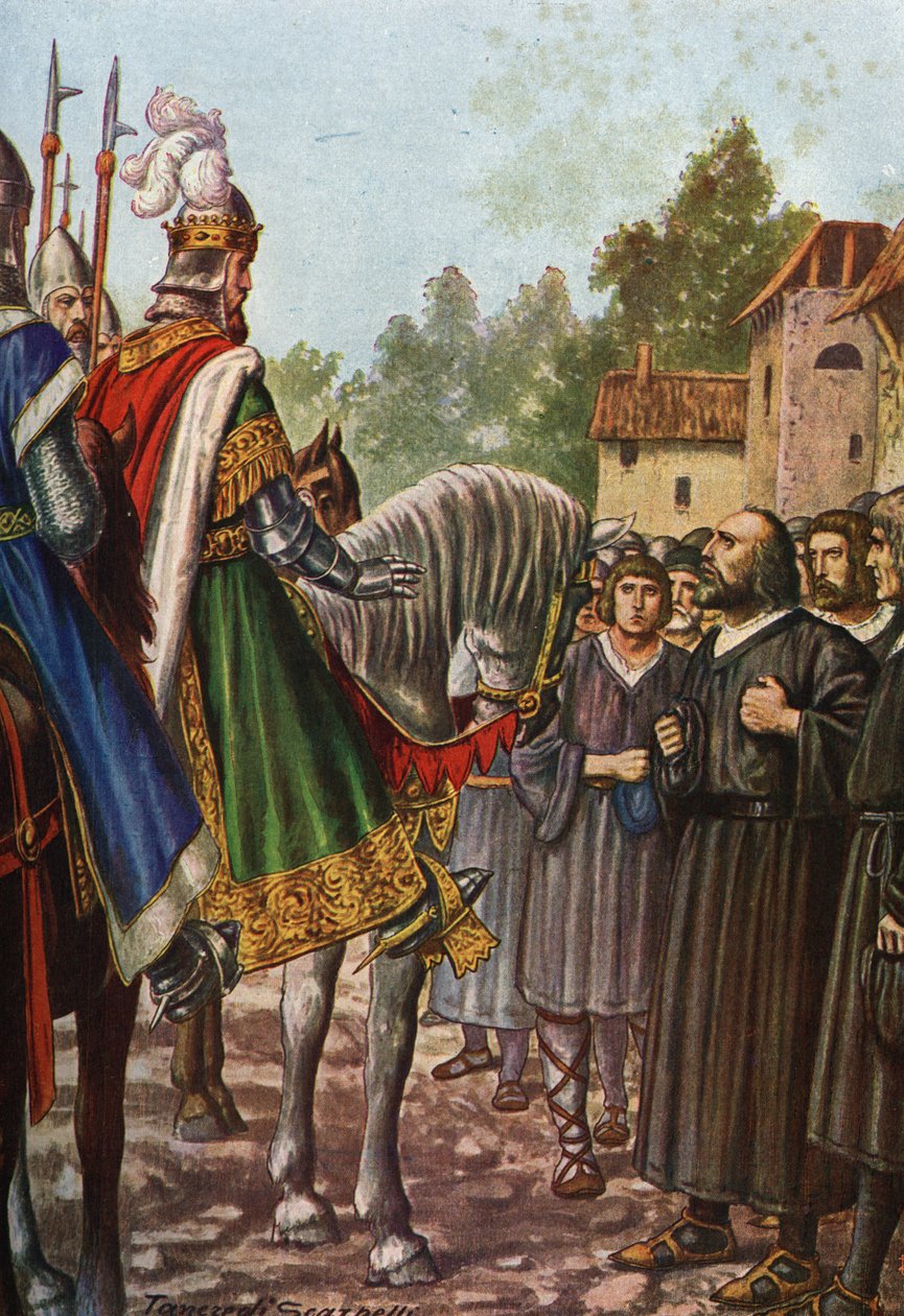 El emperador Federico I Barberossa (1122-1190), en su segundo viaje a Italia en 1158, pasa por el río Adda y se encuentra con el pueblo de Lodi, que le ruega que le devuelva su territorio. Tancredi Scarpelli (1866-1937) de "Storia d