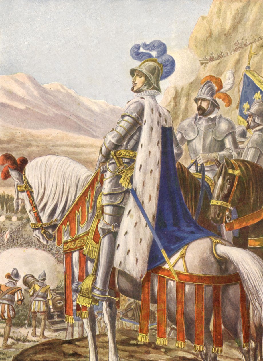 Francisco I de Francia durante la batalla de Marignan en 1515, ilustración, años 30 de Tancredi Scarpelli