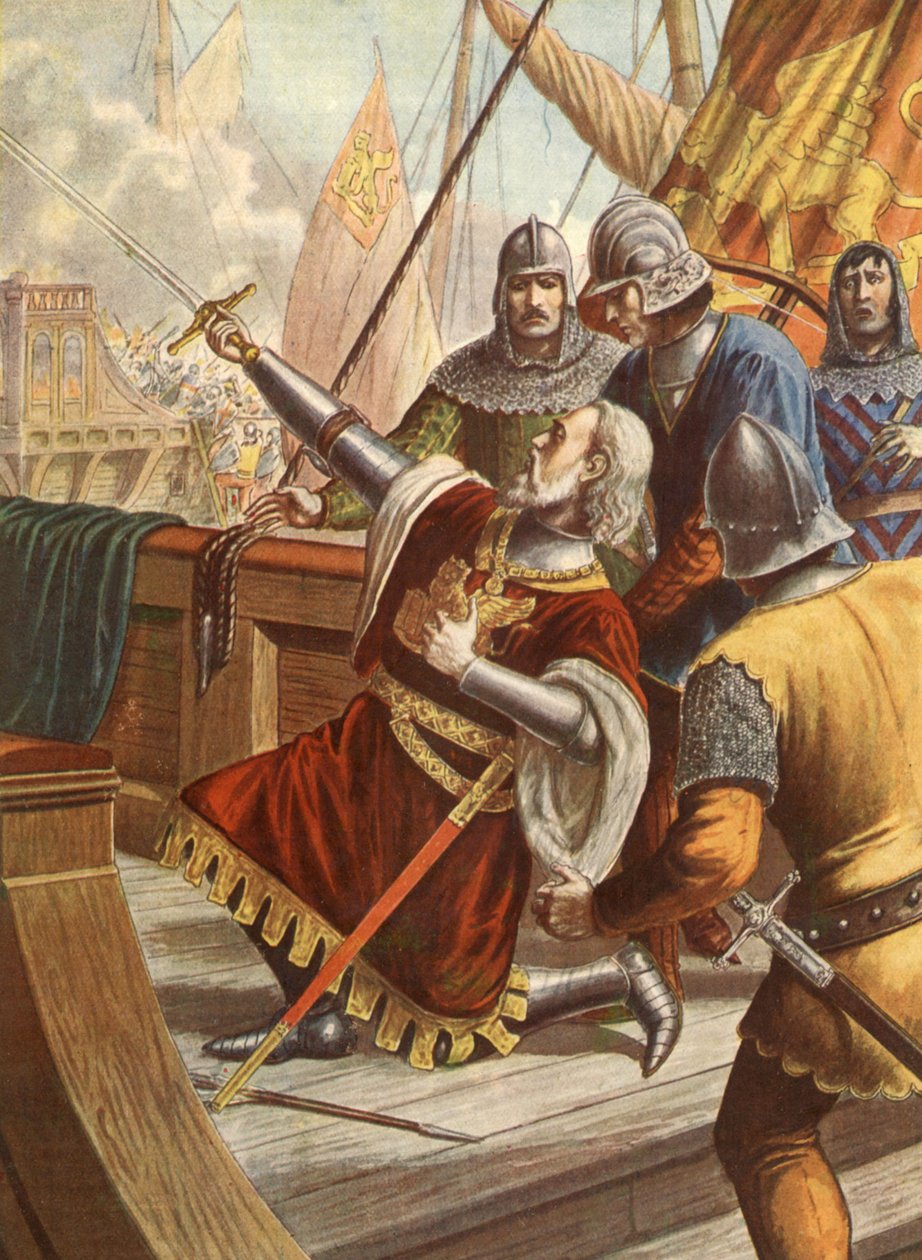 El almirante italiano Luciano Doria muerto en 1379 durante la guerra entre Génova y Venecia, ilustración, años 30 de Tancredi Scarpelli