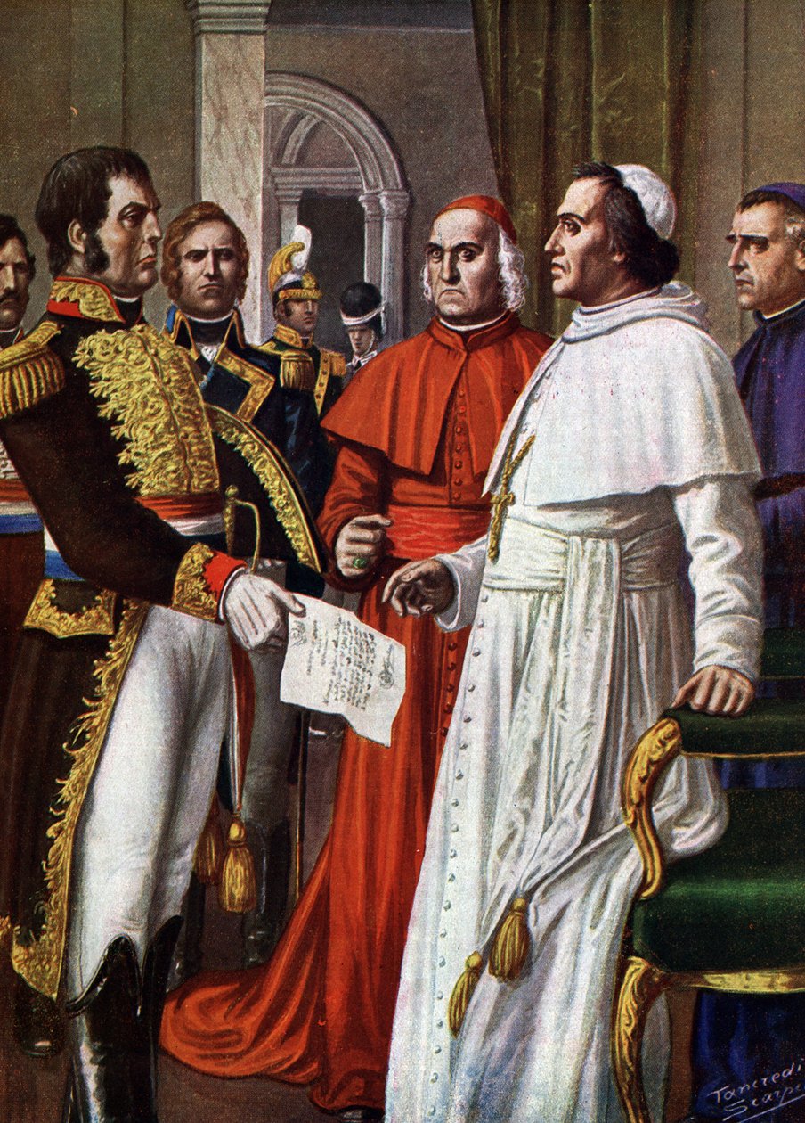 El Papa Pío VII, prisionero en el castillo de Fontainebleau, consintió en firmar, el 25/01/1813, el Concordato de Fontainebleau (1813), por el que abdicaba de su soberanía temporal, parte de su autoridad espiritual (el Papa Pío VII confinado en Francia en  de Tancredi Scarpelli