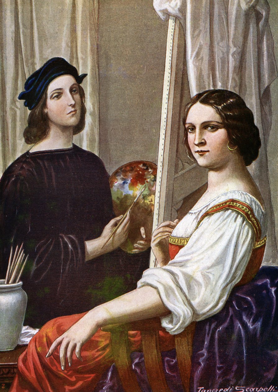 Retrato del pintor Rafael (Raffaello Sanzio 1483 - 1520) pintando a la Fornarina (El pintor italiano Rafael y la joven llamada la Fornarina) Ilustración de Tancredi Scarpelli (1866-1937) de "Storia d