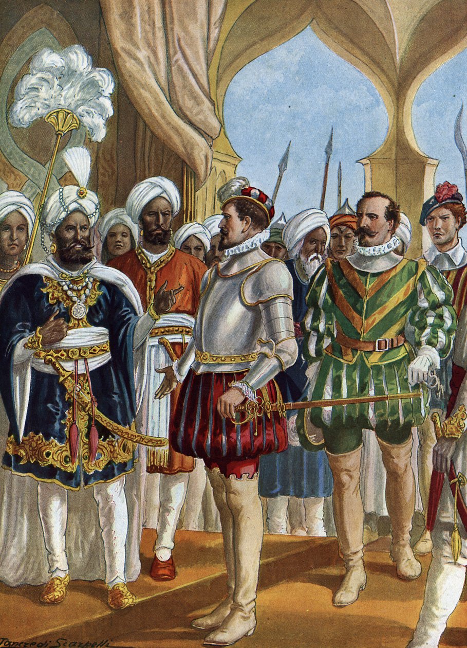 El navegante portugués Pedro Alvares Cabral (1460-1526) en la corte del rey (Zamorin) de Calicut (Kozhikode) el 13/09/1500 para negociar el establecimiento de un mostrador, India (el navegante portugués Pedro Alvares Cabral negociando con el Zamorin en Cal de Tancredi Scarpelli