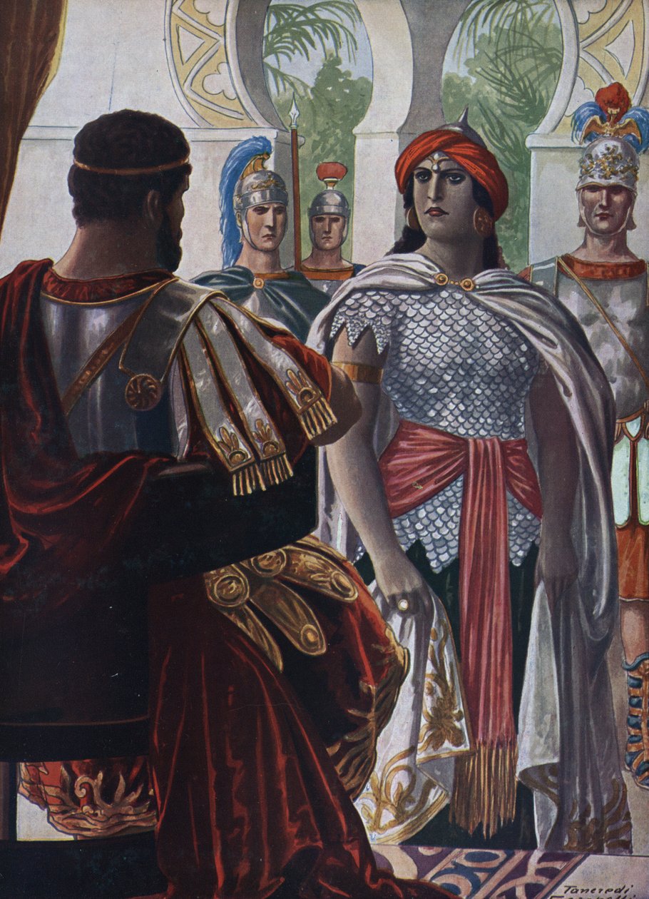 Antigüedad romana: The Imperator of Palmyra Septimia Bathzabbai Zenobie captured by Roman Emperor Aurelien, 272" (La reina del imperio palmirio Zenobia prisionera del emperador romano Aureliano, 272 d.C.) Ilustración de Tancredi Scarpelli (1866-1937) tomad de Tancredi Scarpelli