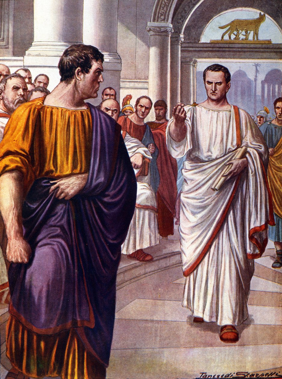 El estadista romano Cicerón (Marco Tulio Cicerón) (106-43 a.C.) cruza al conspirador Catilina (Lucio Sergio Catilina) (108-62 a.C.), a quien denuncia en 63 a.C. durante los discursos de las catilinarias. Ilustración de Tancredi Scarpelli (1866-1937) de Tancredi Scarpelli