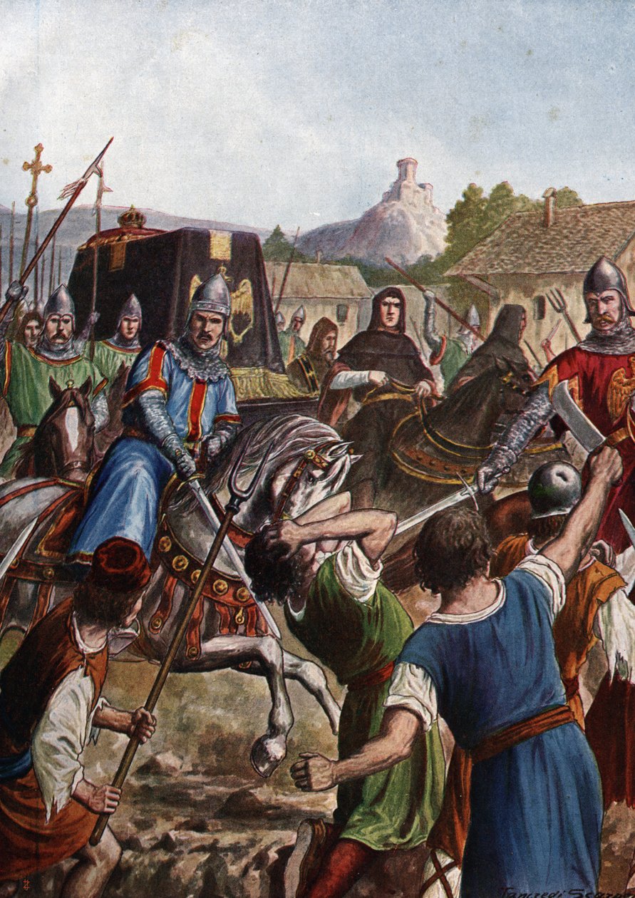 El cortejo fúnebre del emperador Otón (Othón) III del Sacro Imperio (980-1002) lleva los restos a través de Italia hacia Aquisgrán luchando a su paso contra las poblaciones sublevadas (El féretro de Otón III, emperador del Sacro Imperio Romano Germánico, a de Tancredi Scarpelli