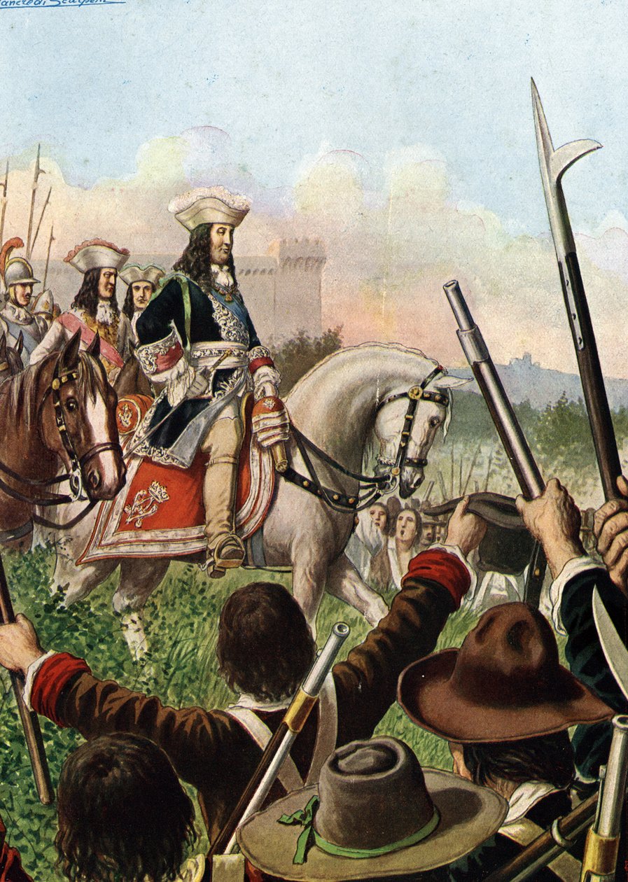 Guerra de Sucesión Española: El duque Vittorio Amedeo (Victor Amedee) II de Saboya (1666-1732) declara la guerra a Francia aliándose con Austria en 1703" (Guerra de la sucesión española: Víctor Amadeo II de Cerdeña declara la guerra a Francia, hacia 1703)  de Tancredi Scarpelli