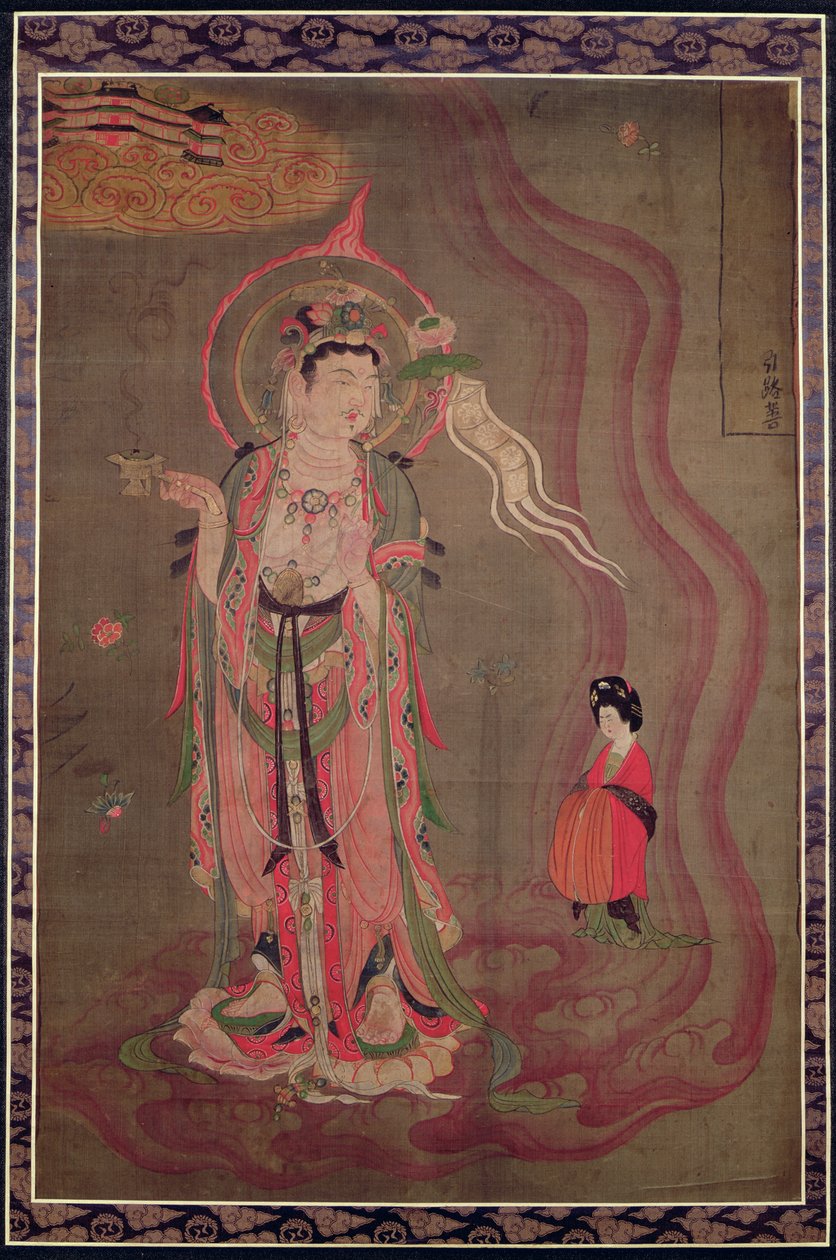 Un Bodhisattva guiando a una dama a la Tierra Pura, c.851-900 (tinta y colores sobre seda) de Tang Dynasty Chinese School