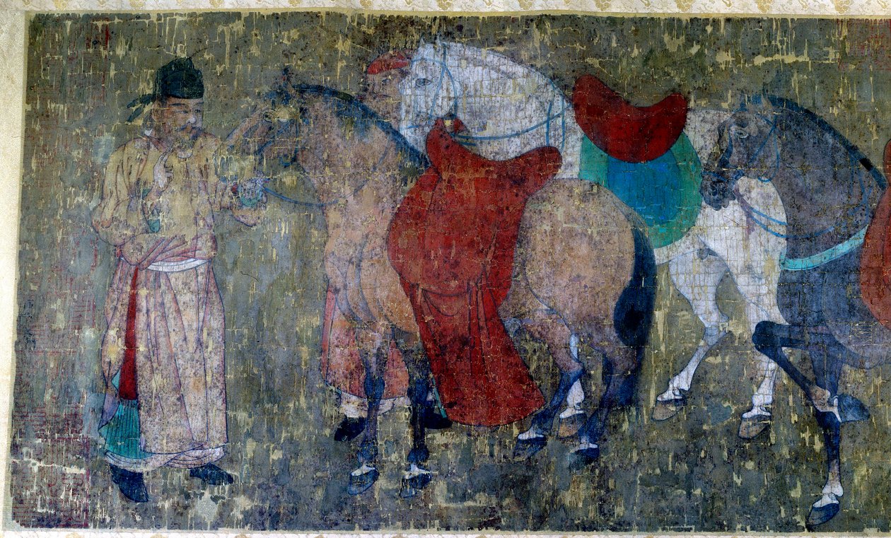 Arte chino: dos palafreneros conduciendo cuatro caballos en un establo imperial (detalle) de Tang Dynasty Chinese School