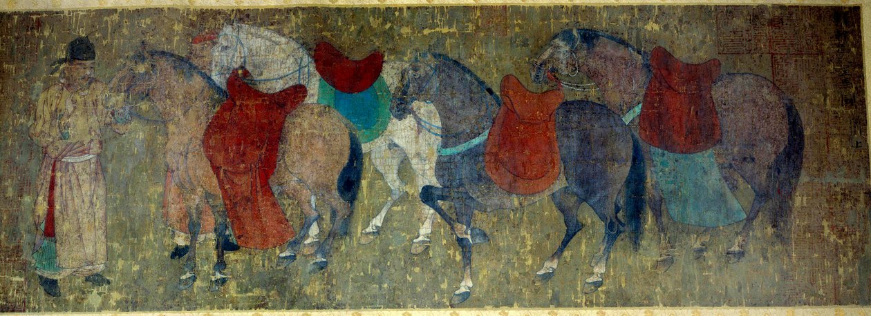 Arte chino: dos palafreneros conduciendo cuatro caballos en un establo imperial. Fragmento de un rollo de seda atribuido a Han Kan, pintor de la corte del emperador Hiuan Tsong (712-756). Período Tang. Dim. 50x141 cm París, Museo Cernuschi de Tang Dynasty Chinese School