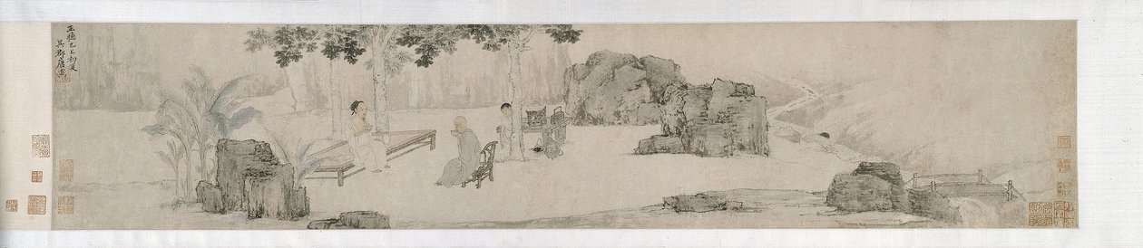 Bebiendo té bajo el árbol Wutong, dinastía Ming de Yin Tang