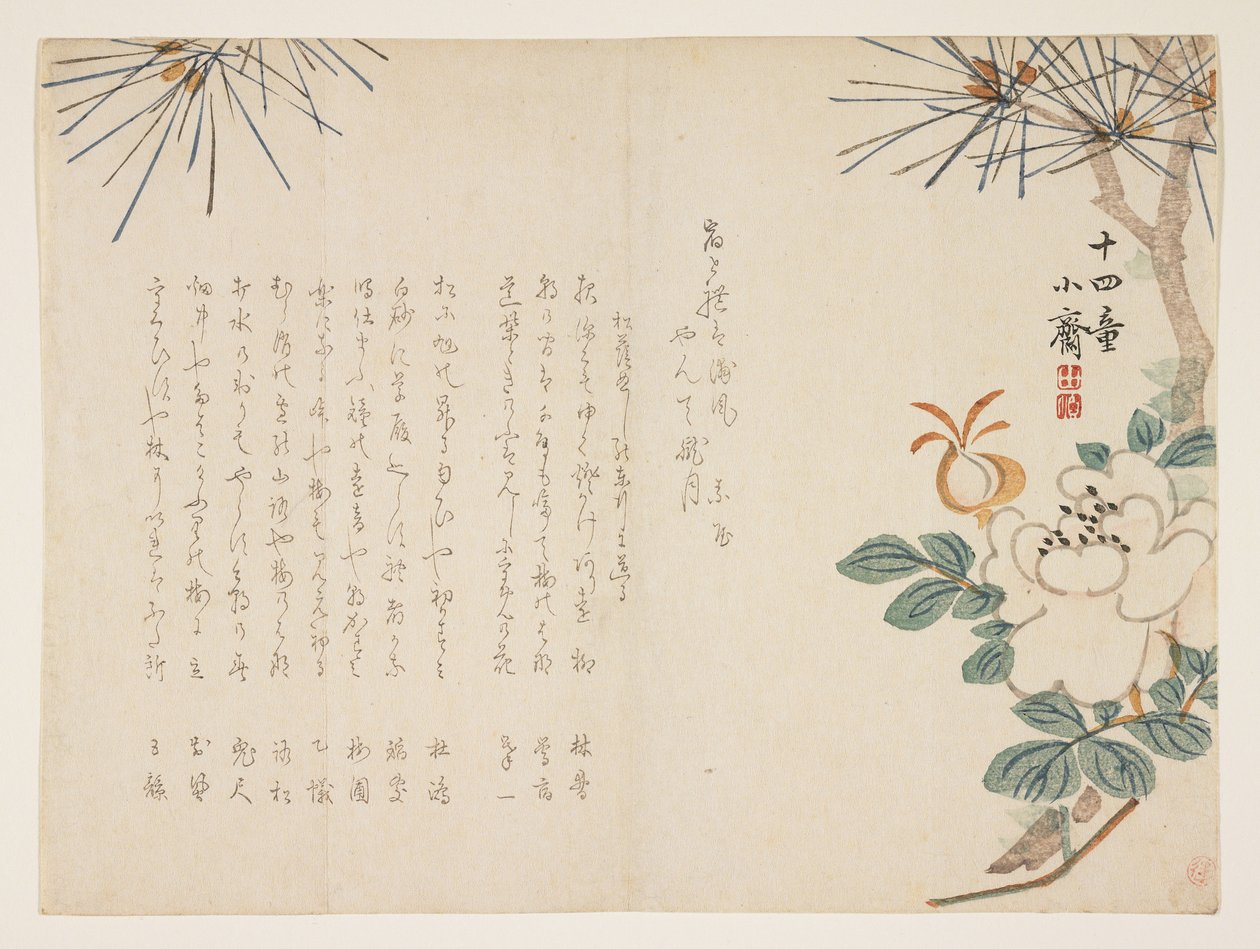 Pino y una flor de peonía, 1860 de Tanomura Shsai