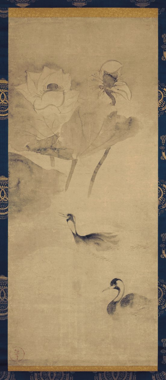 Pintura de aves acuáticas en el estanque de lotos de Tawaraya Sotatsu