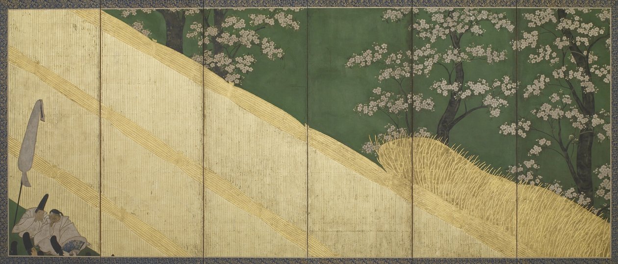 Flores de cerezo, una cerca alta y sirvientes, período Edo, 1590-1640 de Tawaraya Sotatsu