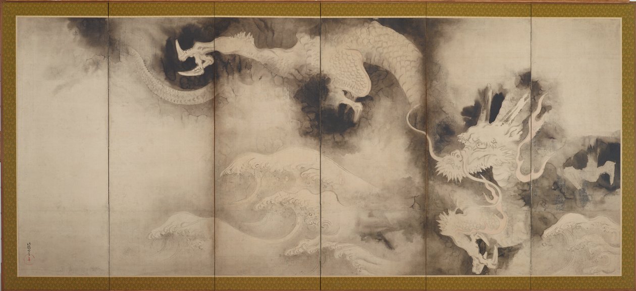 Dragones y nubes, período Edo (tinta y tinte rosa sobre papel) de Tawaraya Sotatsu