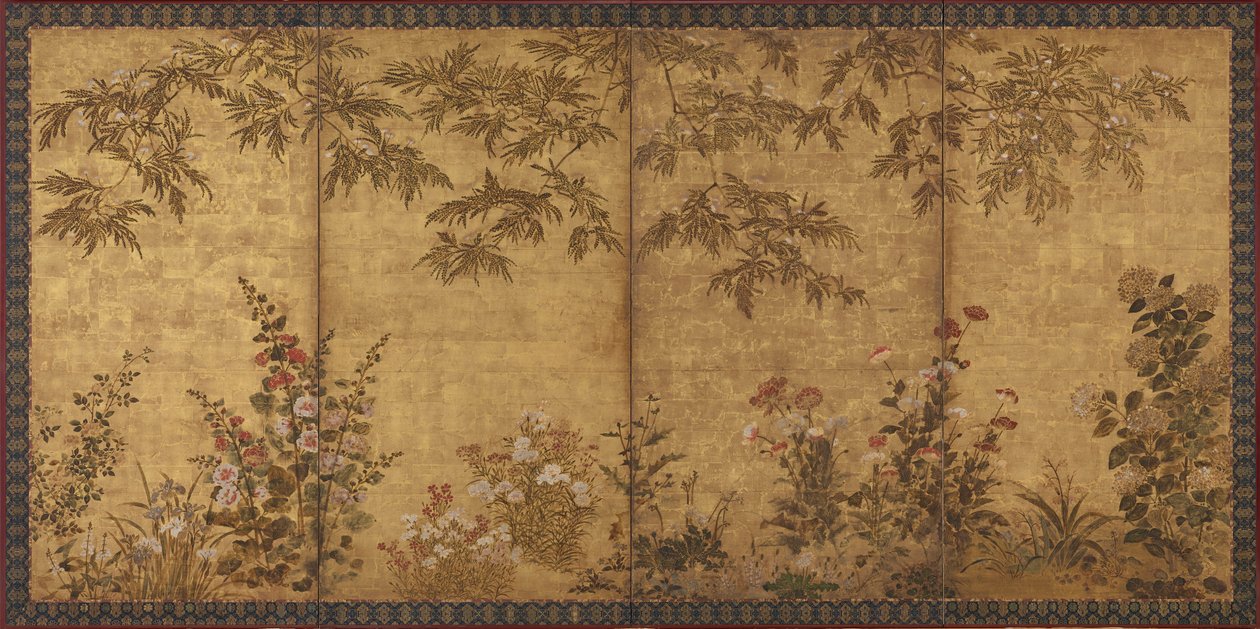Árbol de mimosa, amapolas y otras flores de verano, período Edo, 1630-1670 de Tawaraya Sosetsu