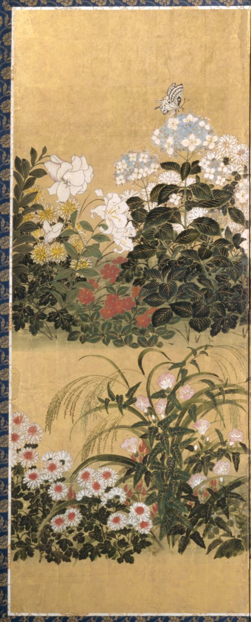 Flowers And Butterflies (tinta, color y pan de oro sobre papel) de Tawaraya Sotatsu