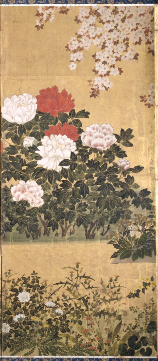 Flowers And Butterflies (tinta, color y pan de oro sobre papel) de Tawaraya Sotatsu