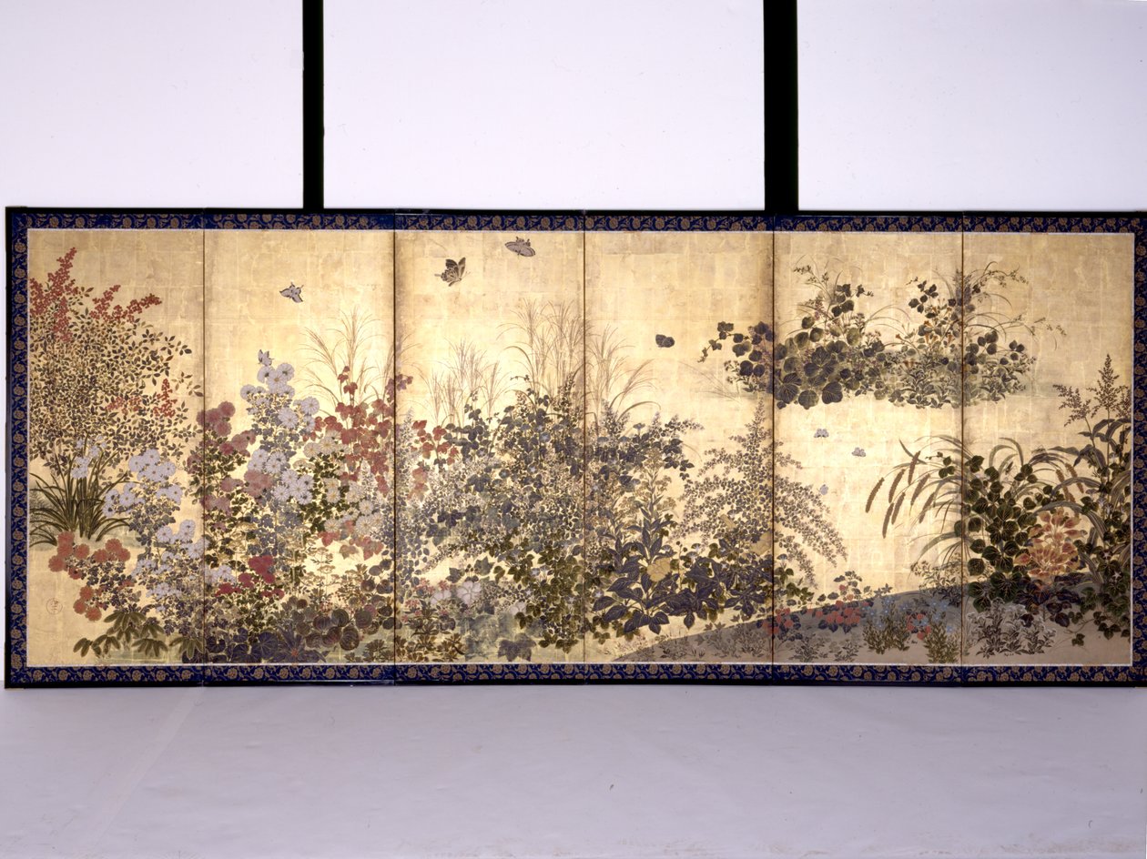 Flowers And Butterflies (tinta, color y pan de oro sobre papel) de Tawaraya Sotatsu