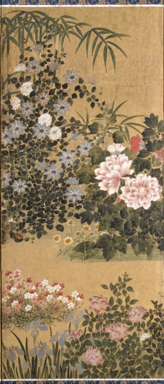 Flowers And Butterflies (tinta, color y pan de oro sobre papel) de Tawaraya Sotatsu