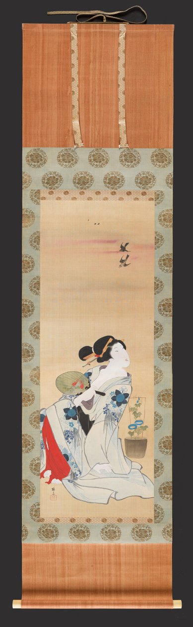 Belleza sosteniendo un abanico sentada junto a una maceta de gloria de la mañana, c.1830-44 de Teisai Hokuba