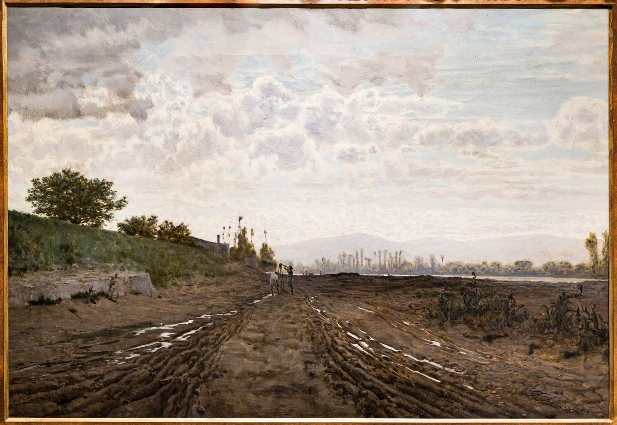 Una mañana a lo largo del río Arno. Excavadores de arena a lo largo del Arno, c.1868 (óleo sobre lienzo) de Telemaco Signorini