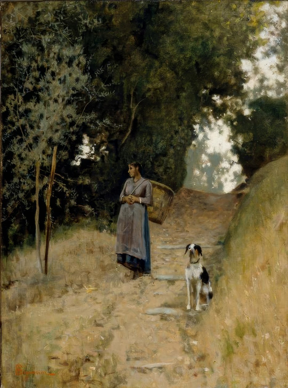 Campesina con cesta y perro de Telemaco Signorini