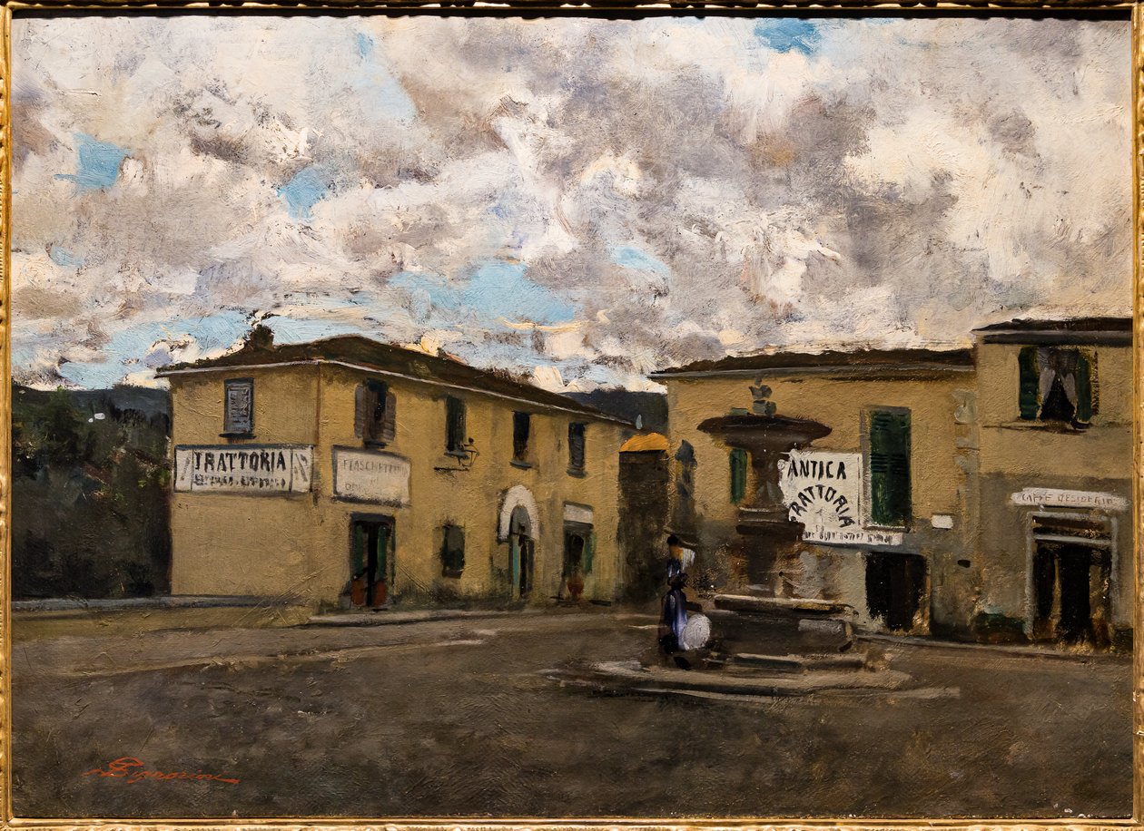 La pequeña plaza de Settignano en un día de lluvia, c.1861 (óleo sobre lienzo) de Telemaco Signorini