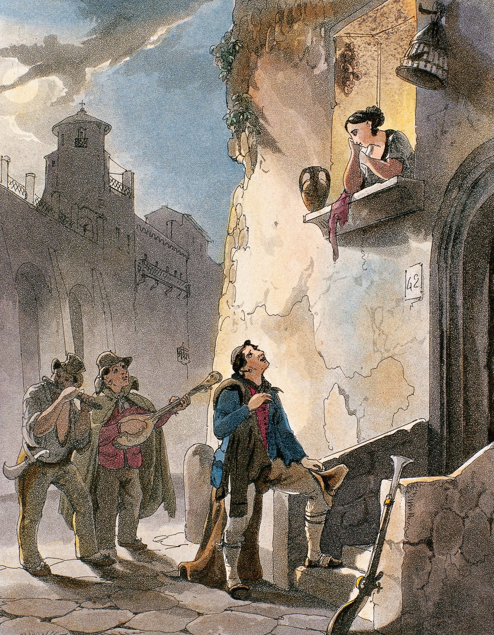 Serenata, ilustración de Trajes y escenas populares de Nápoles de Achille Vianelli, c.1830 (aguatinta) de Teodoro Guglielmo Witting