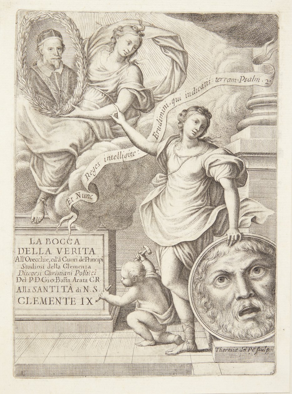 La Bocca della Verita. Vignette del título con retrato del Papa Clemente IX de Teresa del Pò