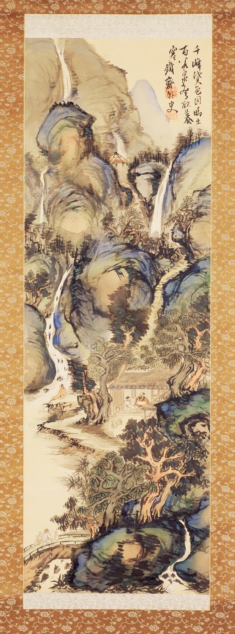 Paisaje en azul y verde, principios de 1910s (Pergamino colgante: tinta y color sobre seda) de Tessai Tomioka