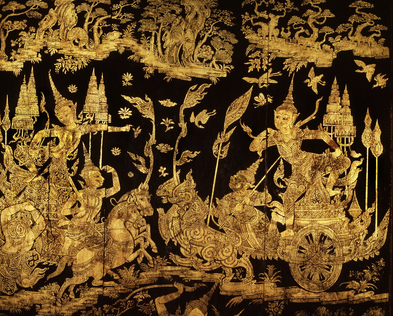 Detalle de una pantalla con una escena del Ramakien de Thai School