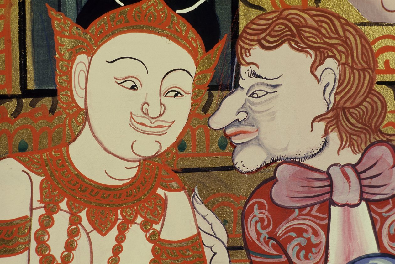 Pintura contemporánea en estilo clásico mostrando personas tailandesas y occidentales de Thai School