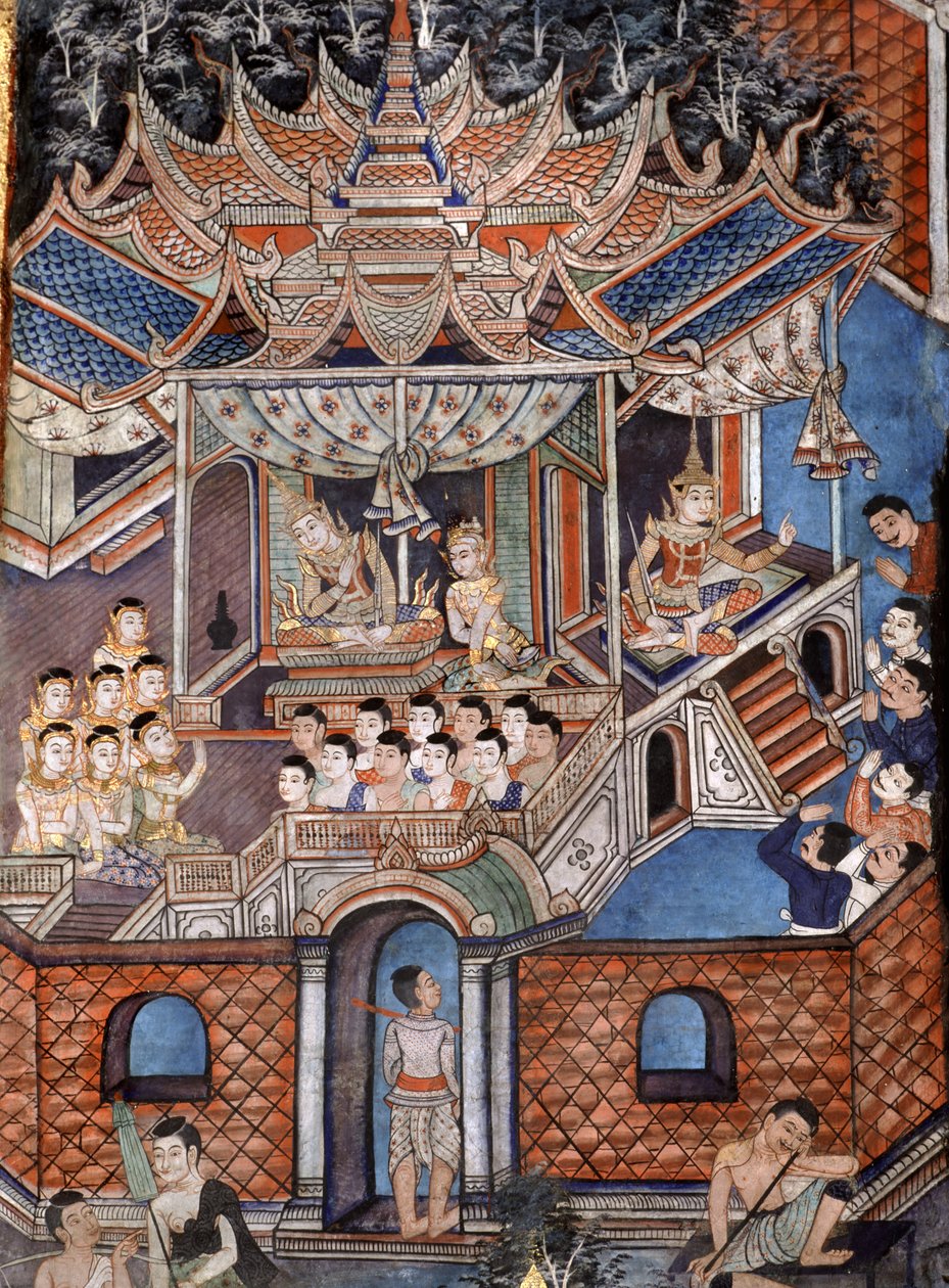 Detalle de los murales de Viharn laikam que retratan los Cuentos de Sang Thong de Thai School