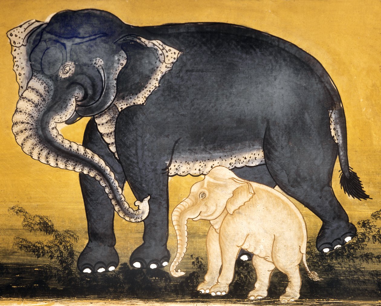 Elefante y cría, página de un manuscrito sobre entrenamiento de elefantes de Thai School