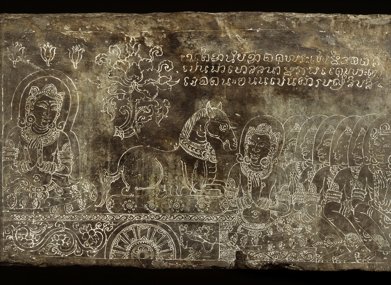 Panel de piedra grabado que representa el cuento Bhojajania Jataka, de Wat Si Chum, Sukhothai, siglo XIV-XV de Thai School
