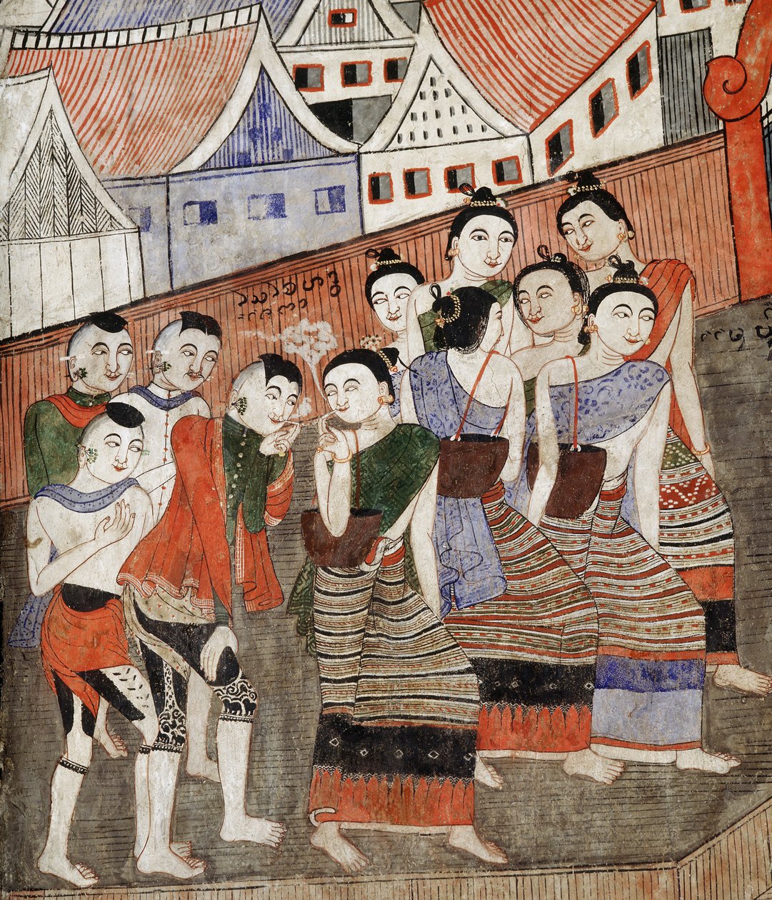 Amantes fumando, (detalle) de un mural en Wat Phumin de Thai School