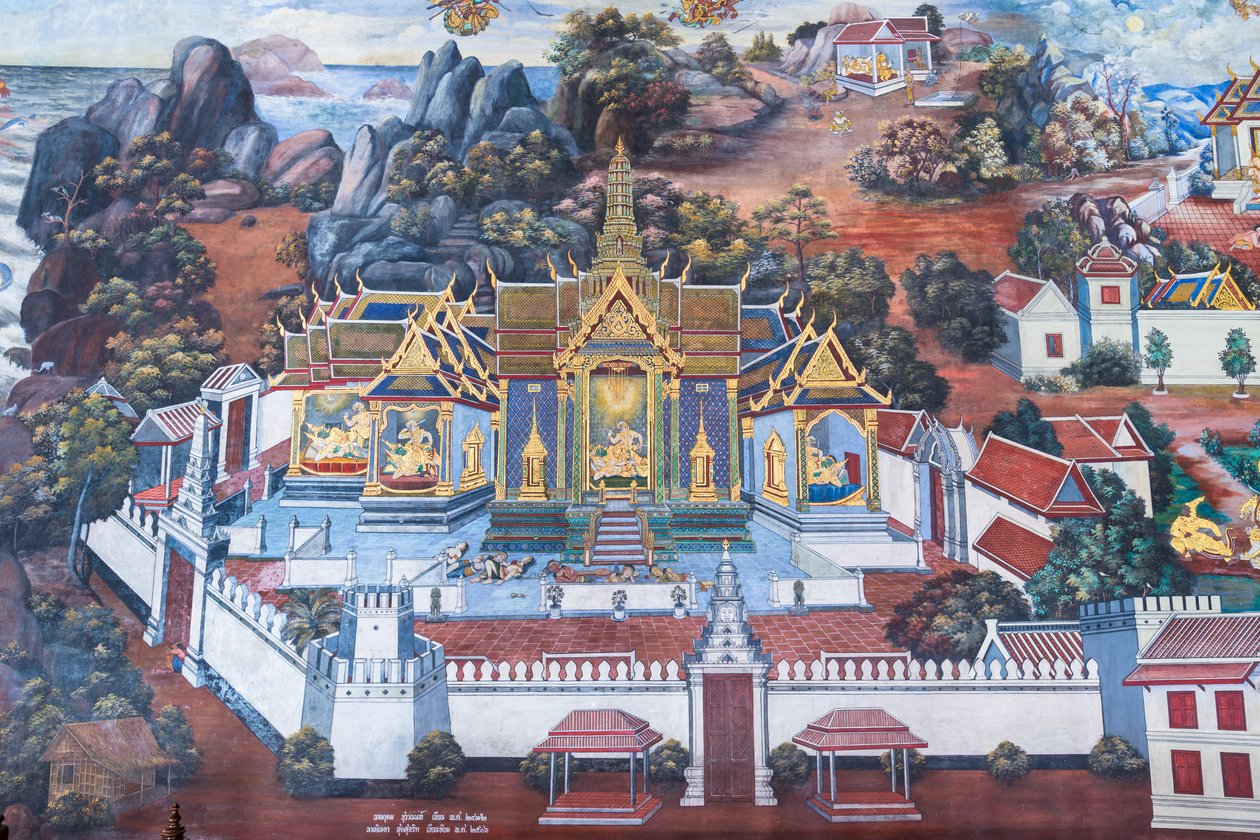 Mural con escenas del Ramayana en Wat Phra Kaeo, Gran Palacio Real, Bangkok, Tailandia de Thai School