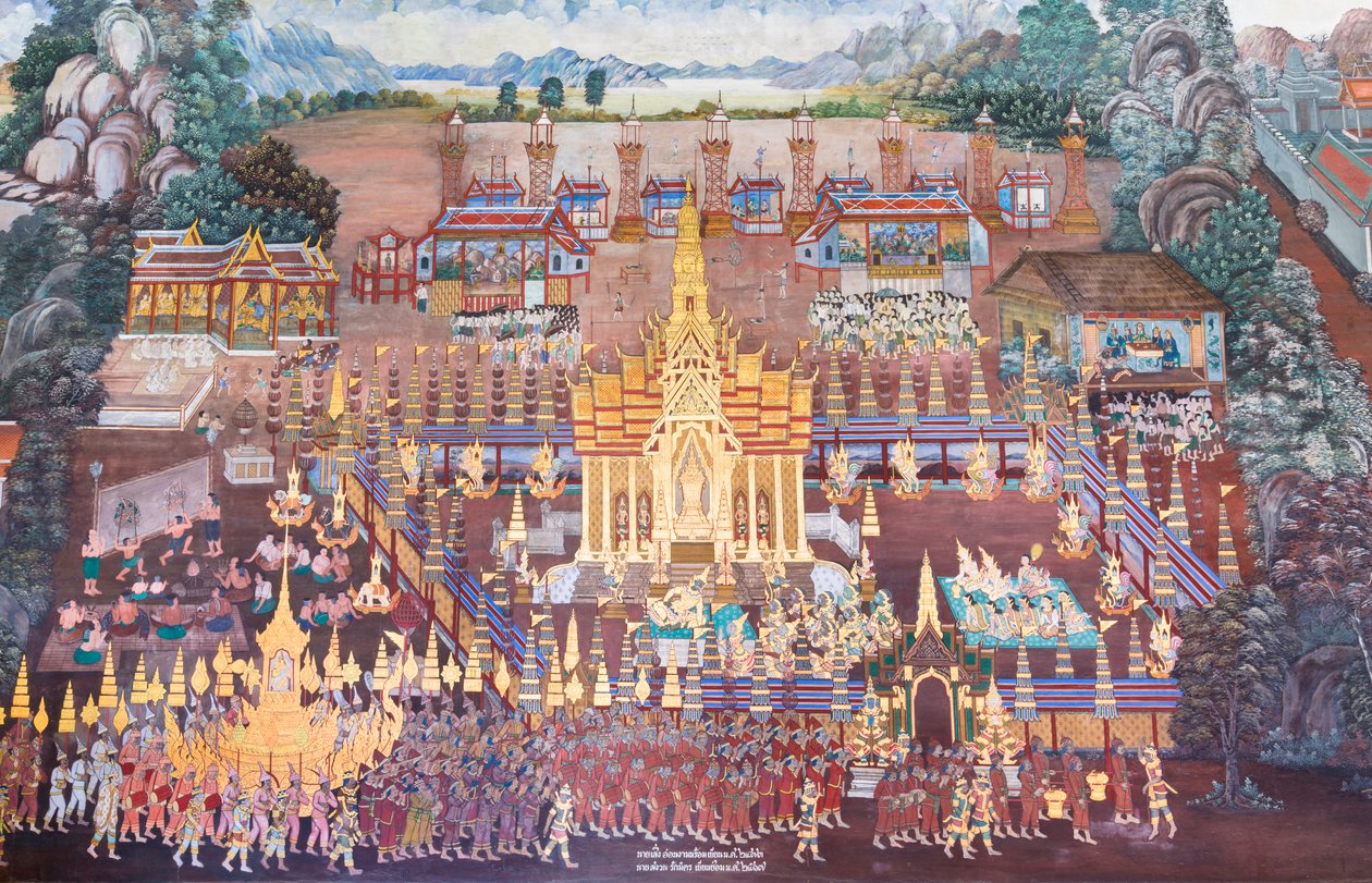 Mural con escenas del Ramayana en Wat Phra Kaeo, Gran Palacio Real, Bangkok, Tailandia de Thai School