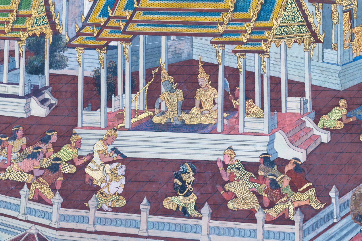 Mural con escenas del Ramayana en Wat Phra Kaeo, Gran Palacio Real, Bangkok, Tailandia de Thai School