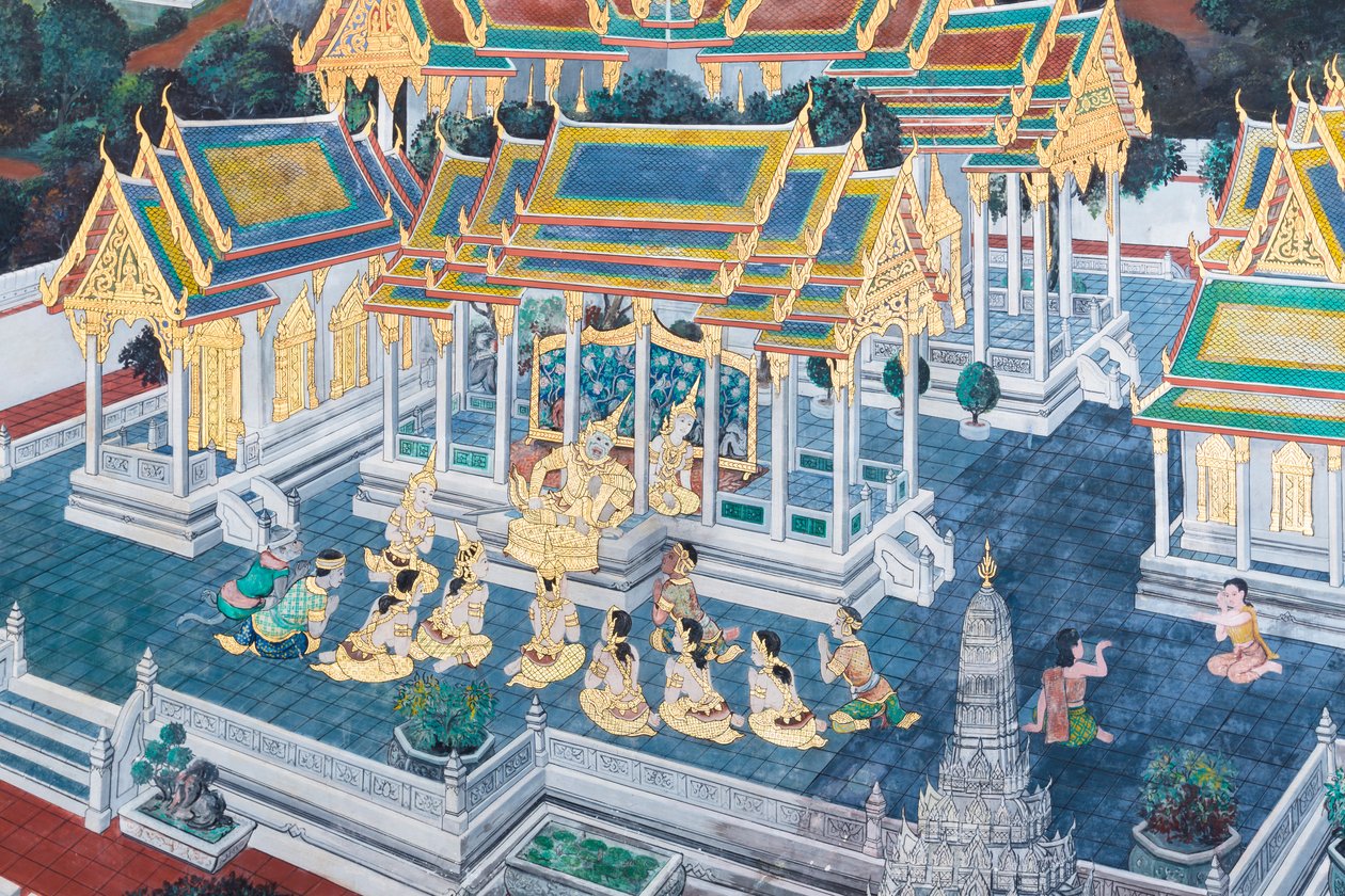 Mural con escenas del Ramayana en Wat Phra Kaeo, Gran Palacio Real, Bangkok, Tailandia de Thai School