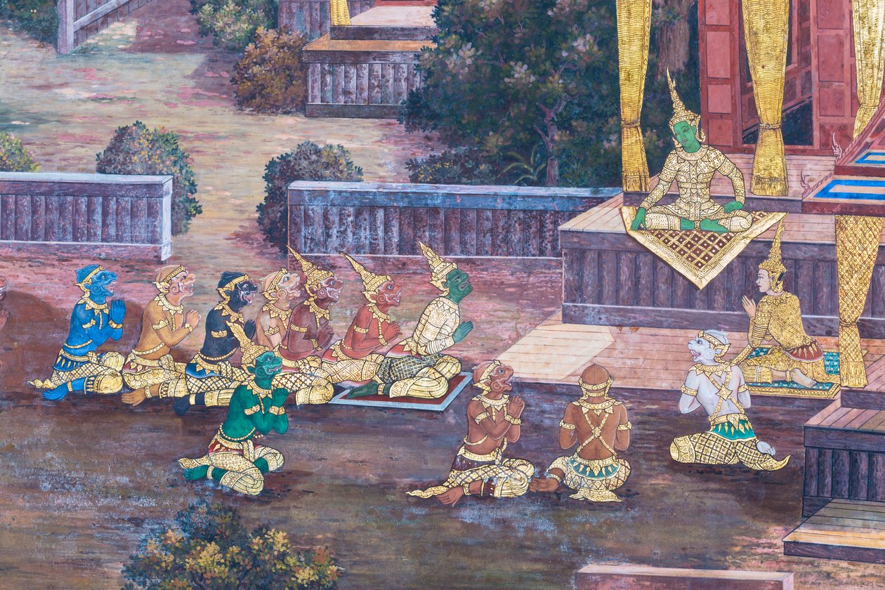 Mural con escenas del Ramayana en Wat Phra Kaeo, Gran Palacio Real, Bangkok, Tailandia de Thai School